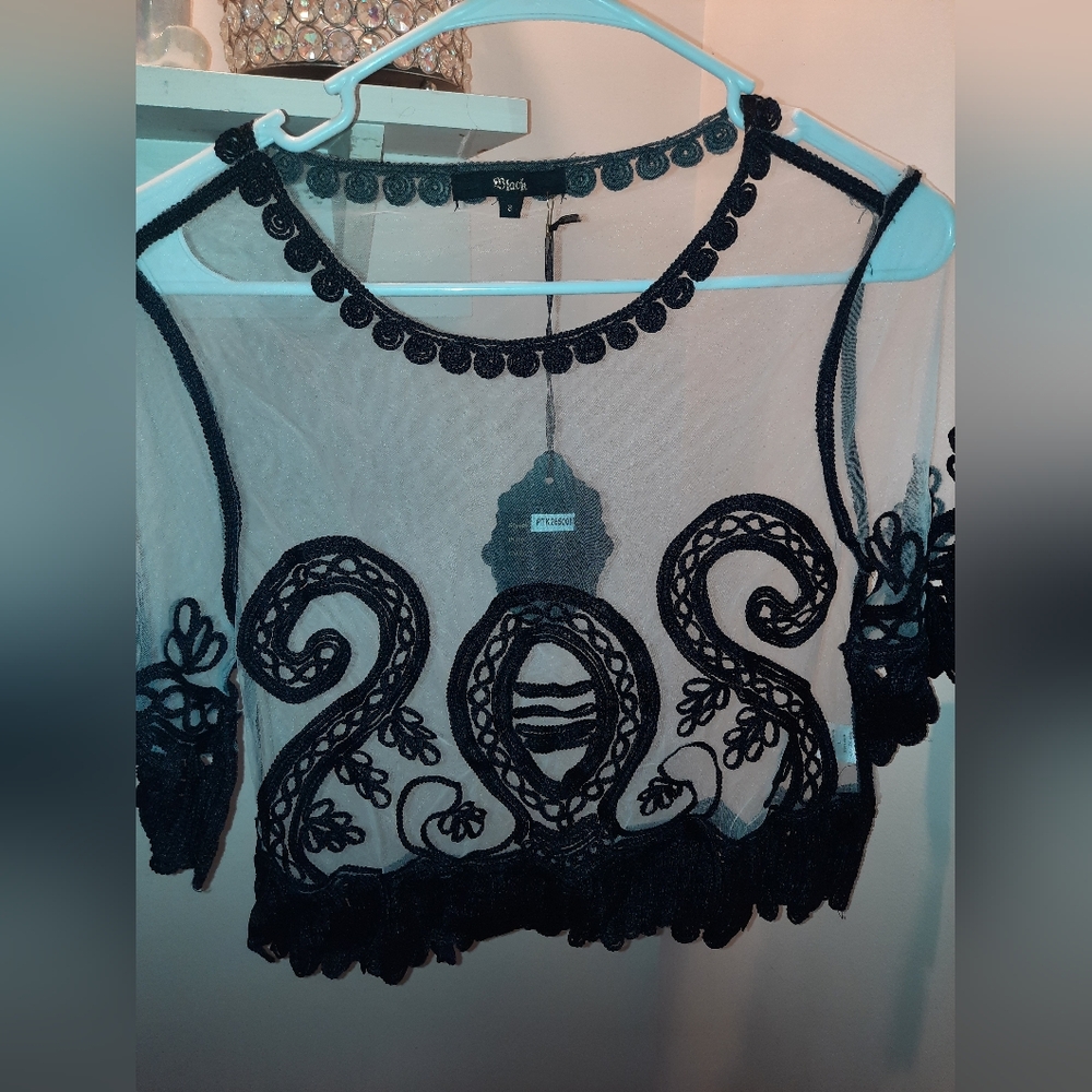 black sheer mesh crop with emboidery